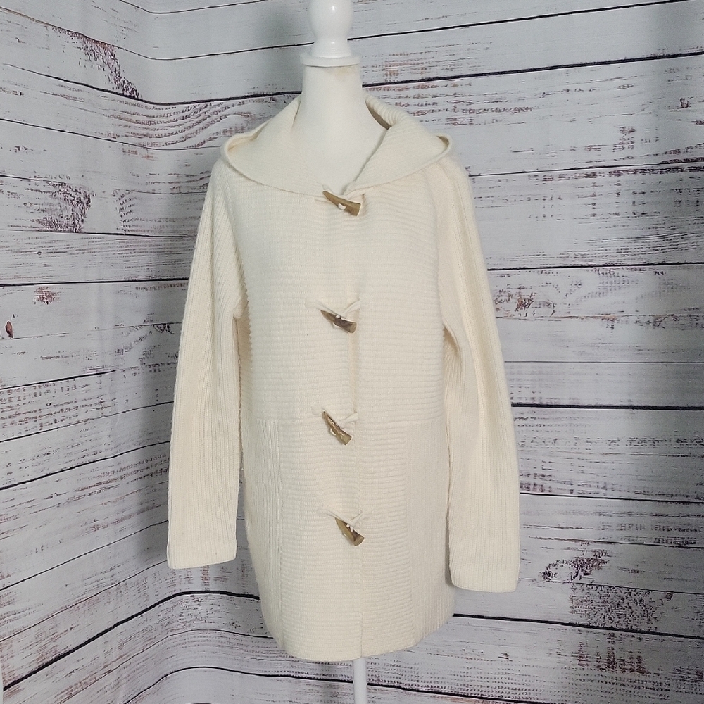 Chaps Women's Cream Hooded Cardigan Medium Wood Toggle Buttons
